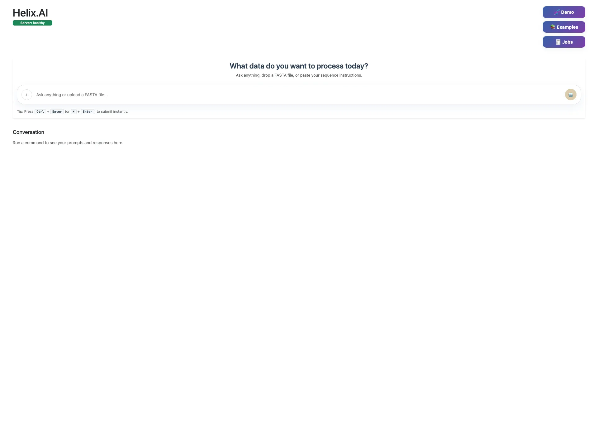 Helix.AI landing page showing backend health and access to Demo Scenarios, Examples, and the Jobs panel