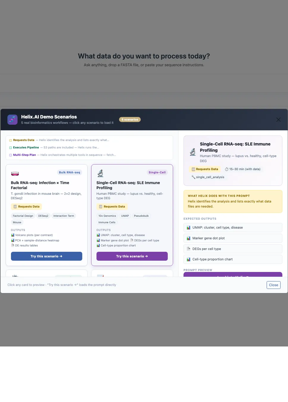 Demo Scenarios modal previewing the Single-Cell RNA-seq: SLE Immune Profiling scenario