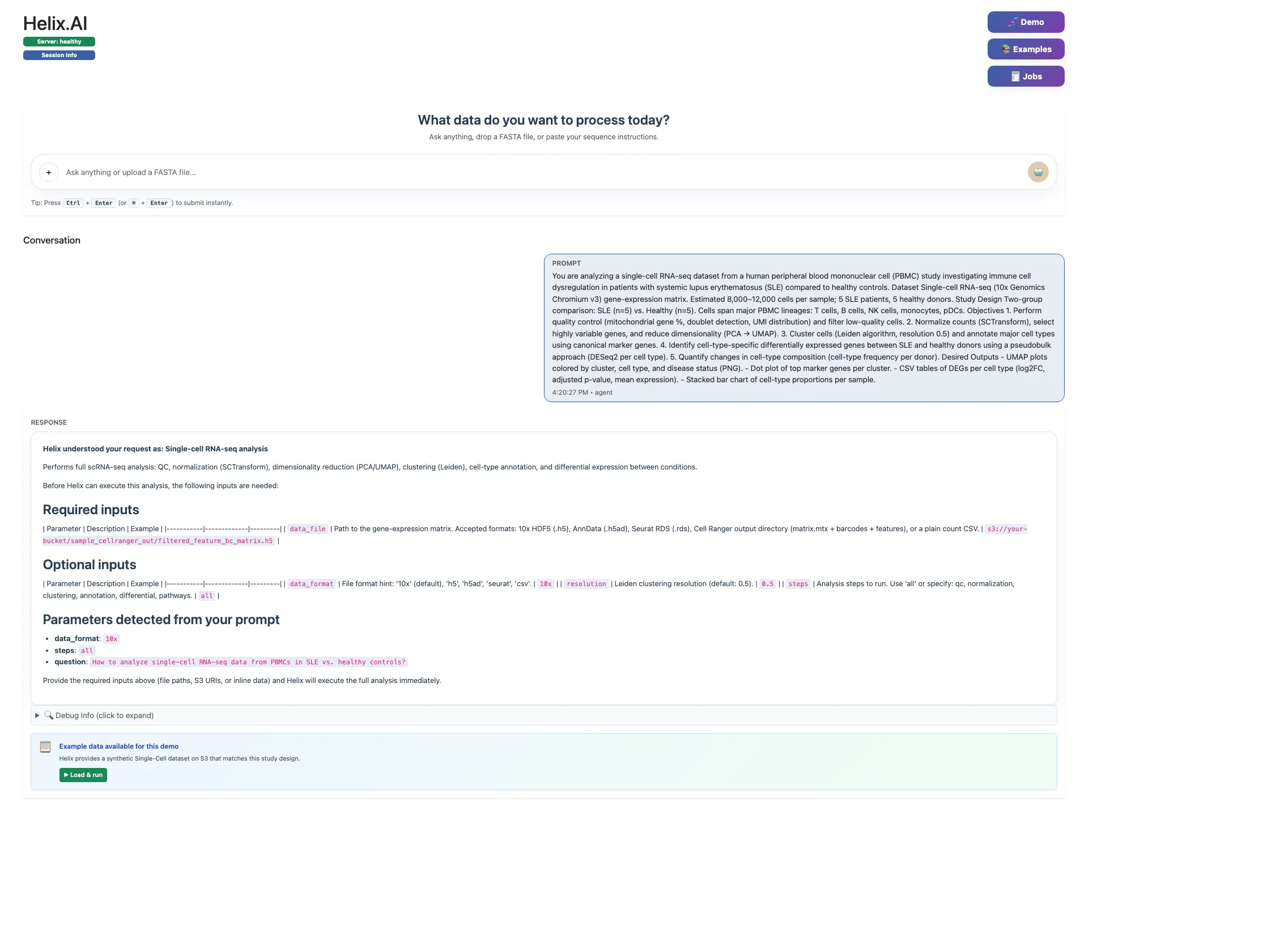 Helix.AI requesting required inputs with a demo call-to-action to load example data and run