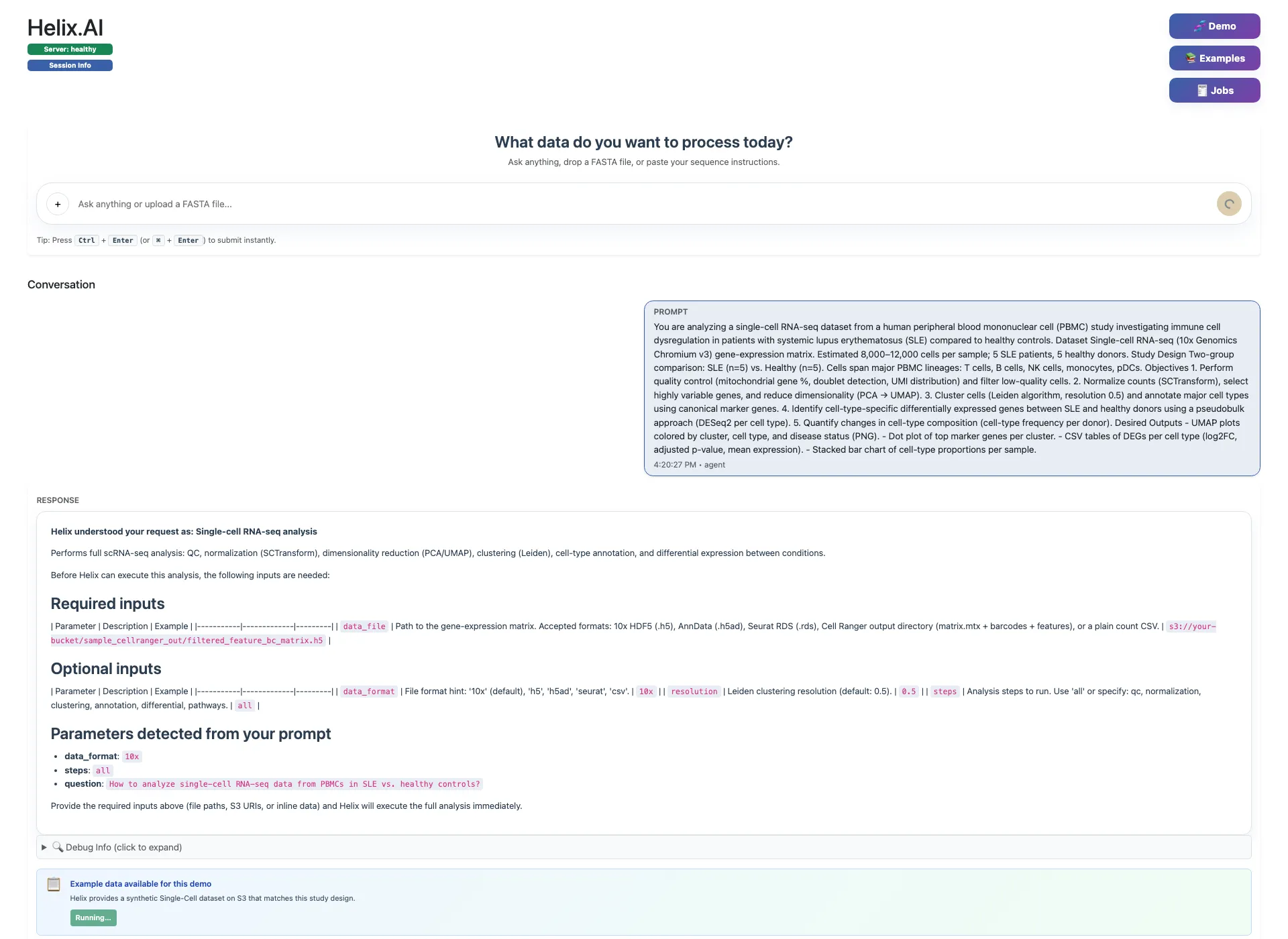 Helix.AI in-flight execution showing clear progress feedback after loading data