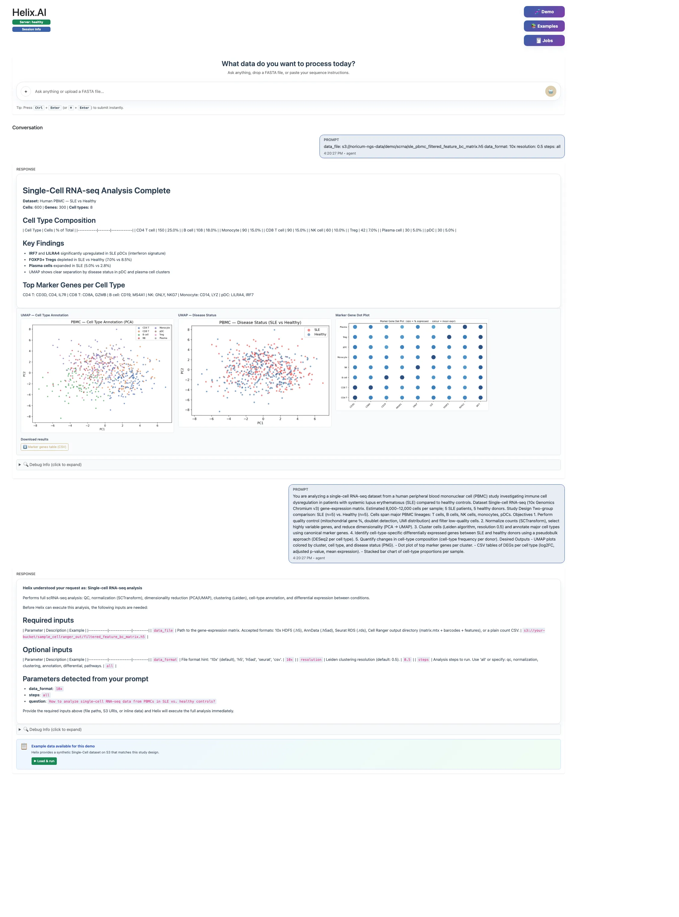 Report-style single-cell results with dataset summary, composition, key findings, and plots