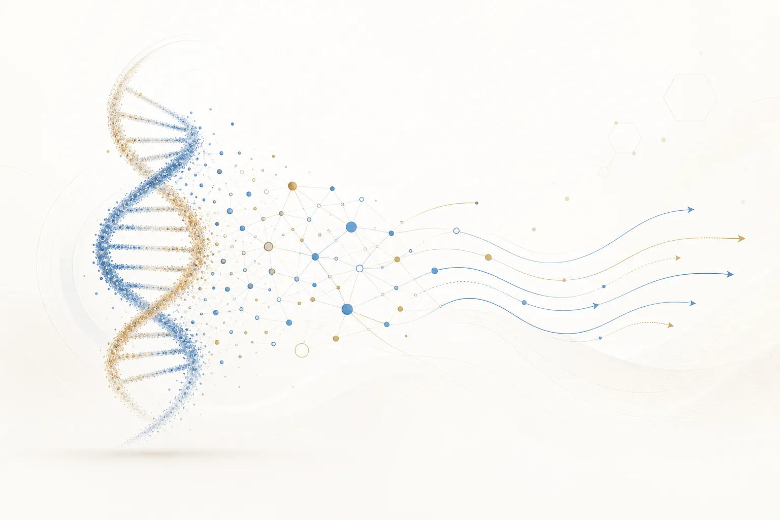 A DNA double helix dissolving into a network of AI agent nodes and data-flow arrows, in gold and blue.