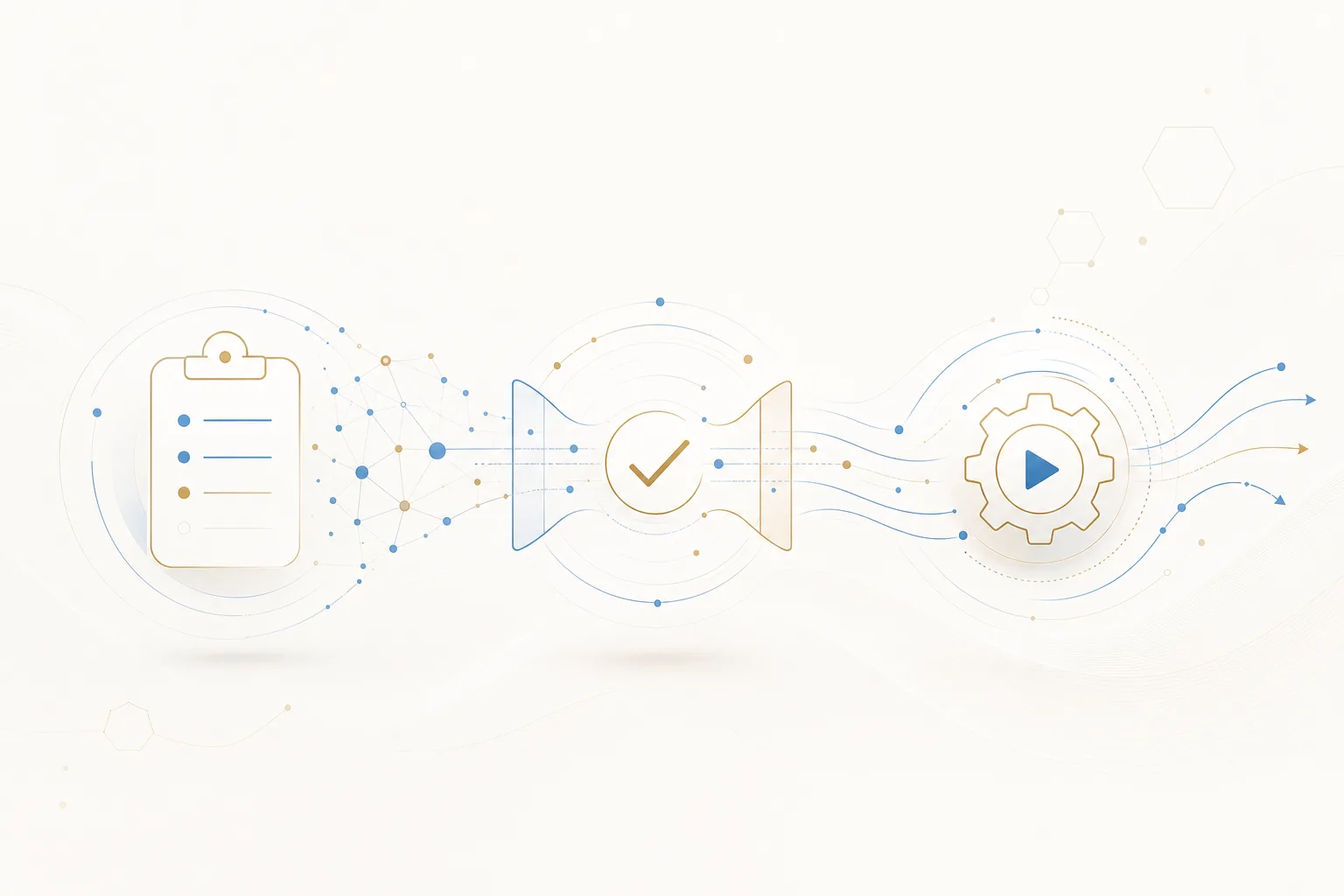 Three connected stages — a plan outline, an approval gate, and an execution node — joined by flowing data lines.