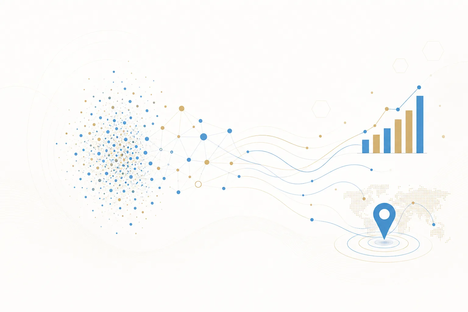 Scattered data points coalescing into a chart and a map pin.