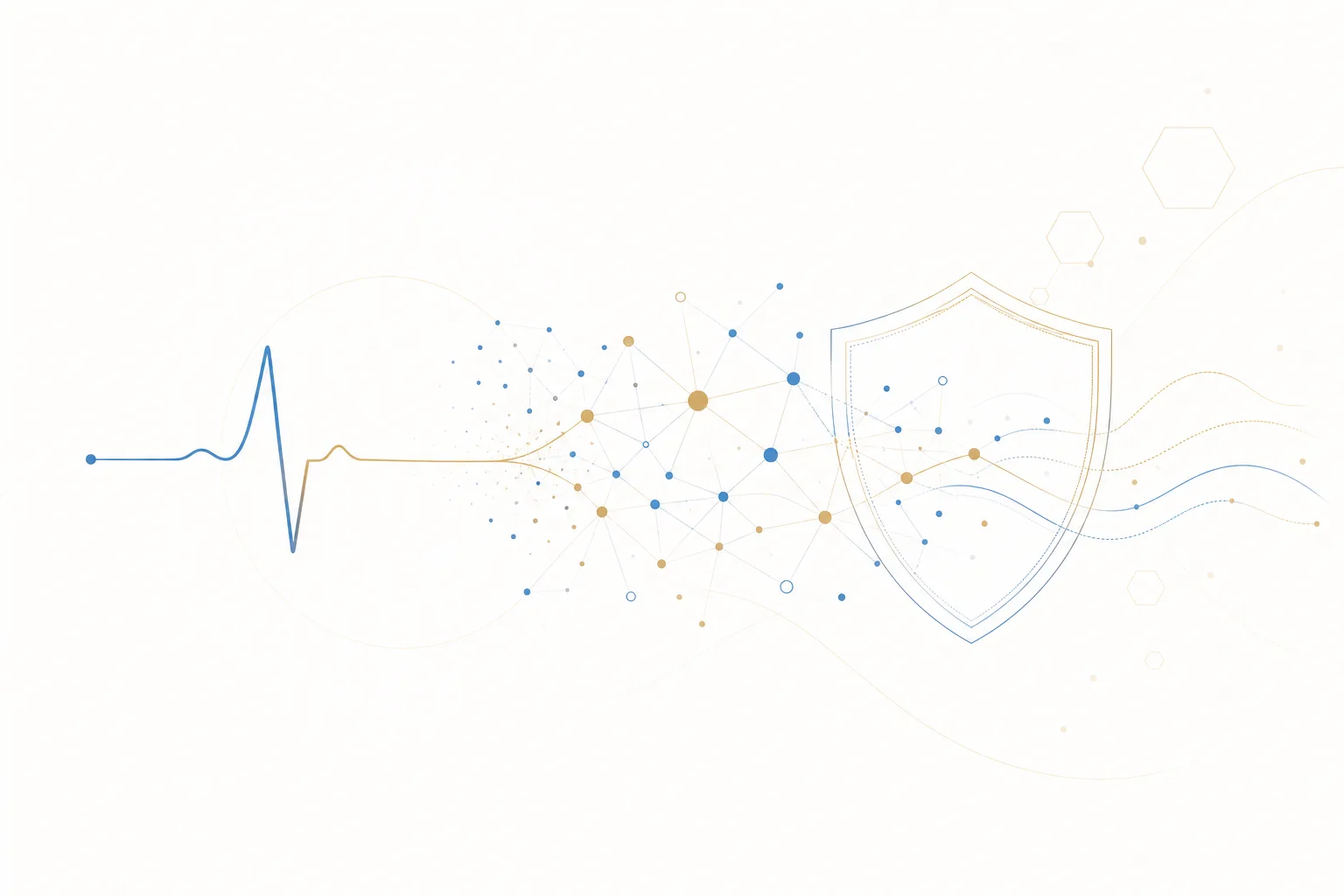 A heartbeat line flowing into connected data nodes and a shield.