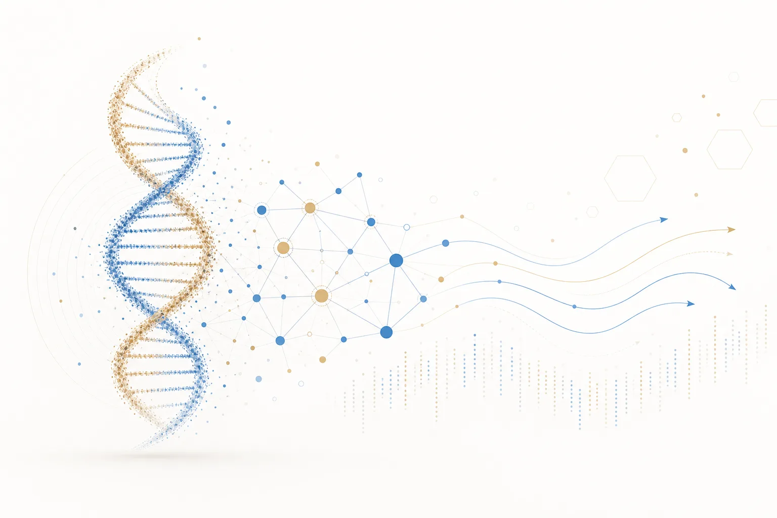 DNA helix interwoven with a network of AI agent nodes.